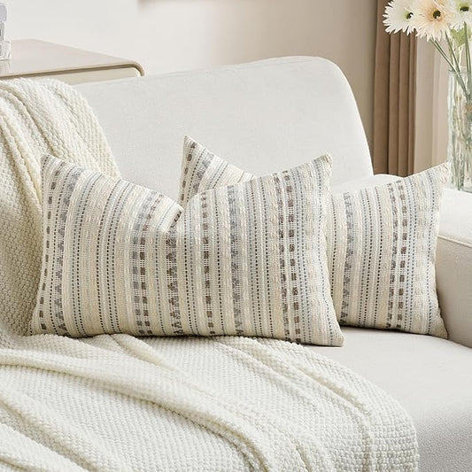 FUTEI Grey White Decorative Throw Pillow Covers 12x20 Inch Set of 2,Soft Cozy Chenille Jacquard Textured Pillow Case,Boho Home Decor for Couch Bed Living Room