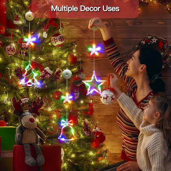 suddus Christmas Window Lights Decorations, 3Pcs Tree-Jingle Bell-Star Shaped Xmas Lights Battery Powered with Suction Cups & Timer, Hanging String Lights Indoor for Tree, Fireplace, Multicolor