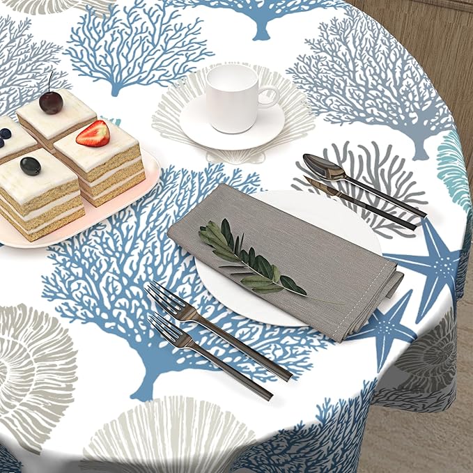 Kawani Nautical Coastal Tablecloth Round 60 Inch Seashell Beach Round Tablecloth 60 Inch Sea Ocean Summer Circle Tabletop Decor Sea Coral Table Covers for Home Kitchen Dinner Holiday Party Picnic