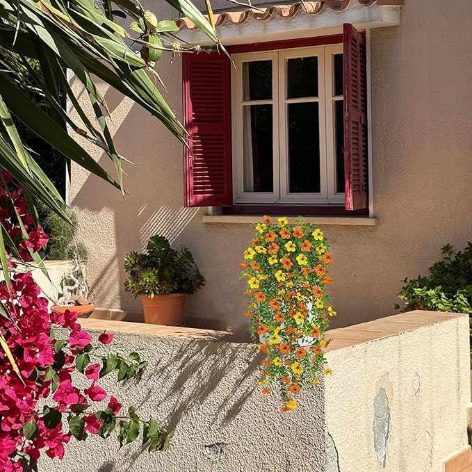 4 Pcs Fall Artificial Hanging Flowers for Outdoors,Fake Hanging Plants,Artificial Mums for Outdoors,Fall Decorations for Home,Outdoor Fall Decor(Orange&Yellow)