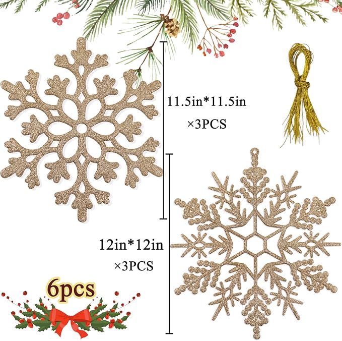 6pcs Large Champagne Gold Snowflakes Ornaments 12” Big Plastic Glitter Snowflake for Winter Indoor Outdoor Christmas Tree Window Room Decorations Giant Craft Snowflakes