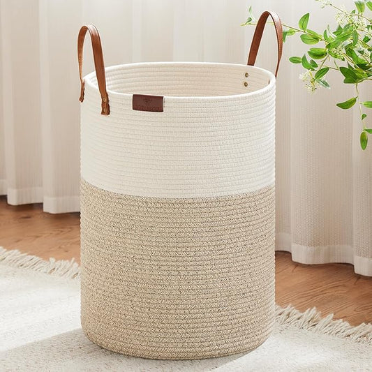 VIPOSCO Tall Laundry Basket, Large Dirty Clothes Hamper with Leather Handle, Woven Rope Storage Basket for Blanket, Toy In Living Room, Bathroom, Bedroom - 100L White & Brown