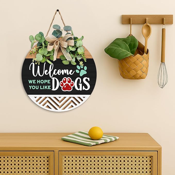 GOSSBY Interchangeable Welcome Sign for Front Door - WE HOPE YOU LIKE DOGS - Seasonal Rustic Wood Wreath - Hanging Wall Sign Decoration for Outside, Porch, Farmhouse - New Home, Housewarming Gift