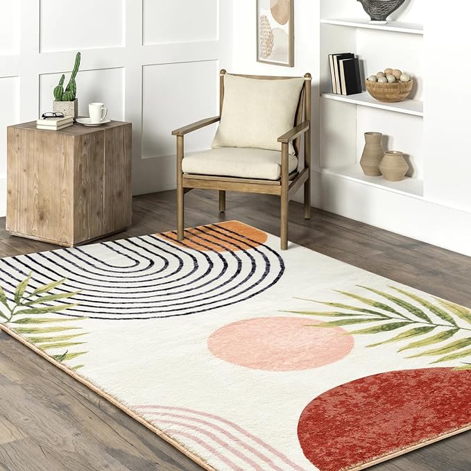 RoomTalks Mid Century Modern Washable Rug, Boho Cute Aesthetic 4x6 Area Rugs for Bedroom Dining Living Room Kitchen, Abstract Tropical Leaves Non Slip Thin Indoor Entryway Rug Accent Floor Carpet
