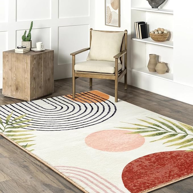 RoomTalks Mid Century Modern Washable Rug, Boho Cute Aesthetic 6x9 Area Rugs for Bedroom Dining Living Room Kitchen, Abstract Tropical Leaves Non Slip Thin Indoor Entryway Rug Accent Floor Carpet