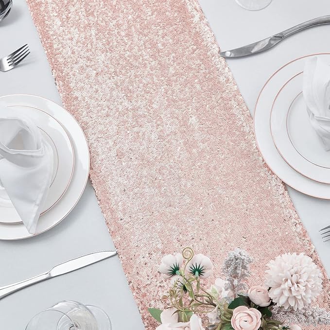 2 Packs 12 x 108 inches Rose Gold Sequin Table Runner, Glitter Rose Gold Table Runner for Wedding Birthday Bachelorette Holiday Party Supplies Decorations Bridal Shower Baby Shower