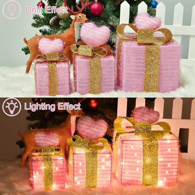 Wedding Decorations Light up Gift Boxes with Pink Heart, Light up Xmas Boxes with Battery Operated for Wedding Christmas Valentine's Day Decorations Indoor and Outdoor (3 Pack) (Pink Heart)