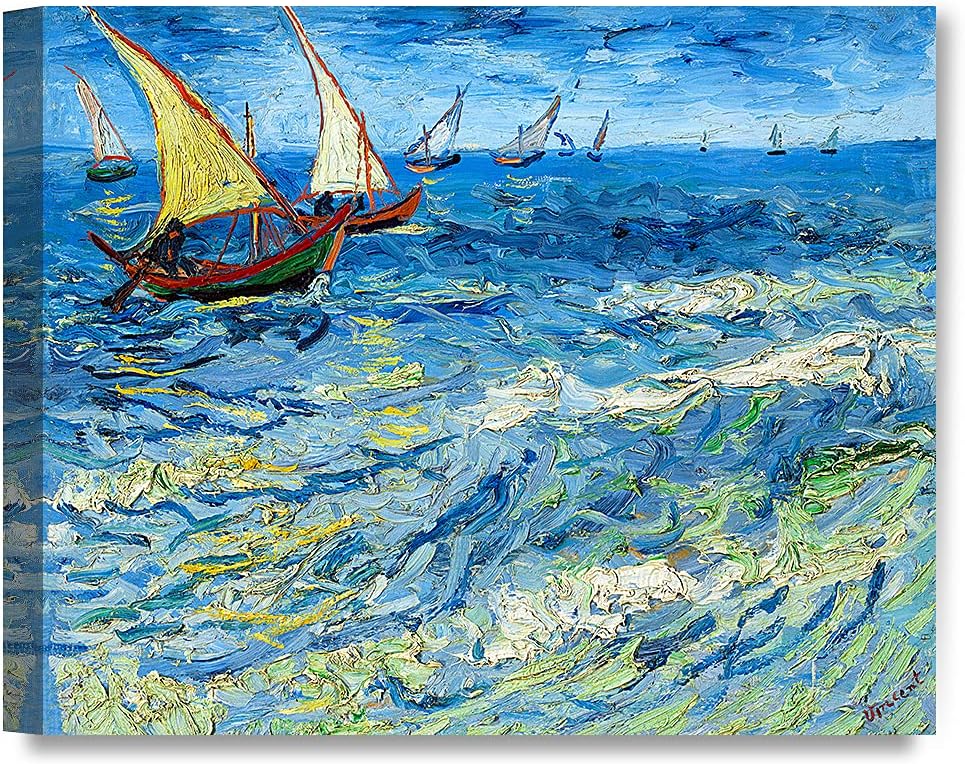 DECORARTS - Fishing Boats At Sea, Vincent Van Gogh Art Reproduction. Giclee Canvas Prints Wall Art for Home Decor 30x24