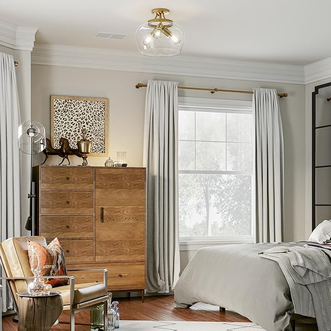 VONLUCE Semi Flush Mount Ceiling Light, 13.8" Ceiling Light Fixture with Clear Glass Shade, E26 Base, 3-Bulb Industrial Ceiling Light for Hallway Entryway Kitchen Bedroom, Brushed Gold