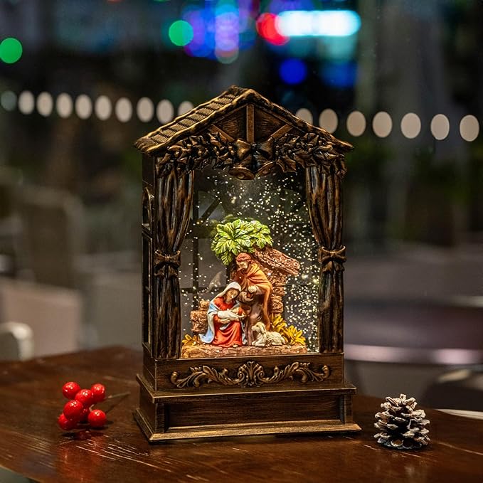 Christmas Snow Globe Lighted Manger Nativity Scene, Musical Water Lantern Play Silent Night Music in Swirling Glitter, Holiday Decorations Gifts for Family, Children or Friends