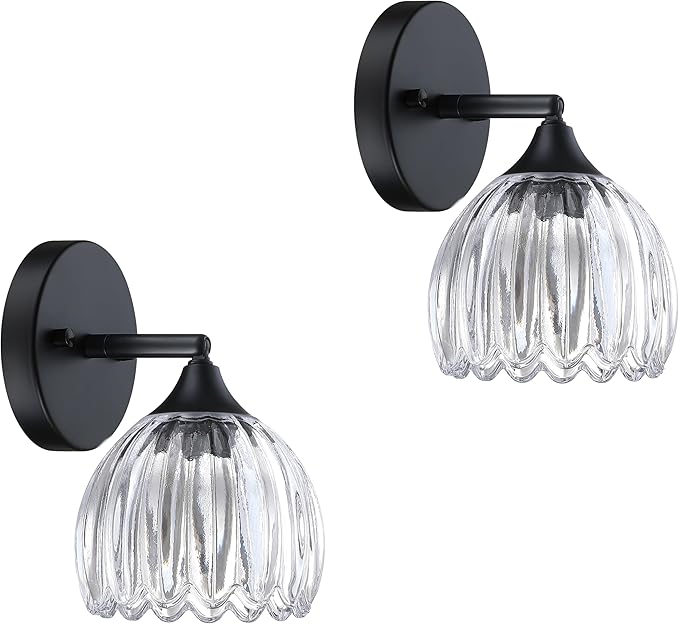 2 Pack 1 Light Vintage Wall Sconces Tulip Clear Glass Lampshade Hradwired Modern Black Wall Lighting Fixture for Bedside Bedroom Doorway