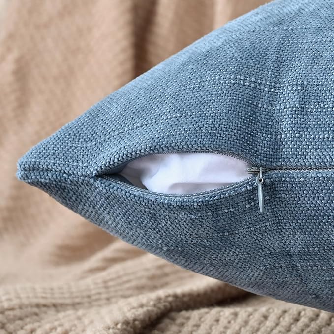 Set of 4 Soft Textured Decorative Throw Pillow Covers 16x16 Inch Cozy Farmhouse Cushion Cover Square Accent Pillow Cases for Bed Couch Sofa Living Room, Smoke Blue