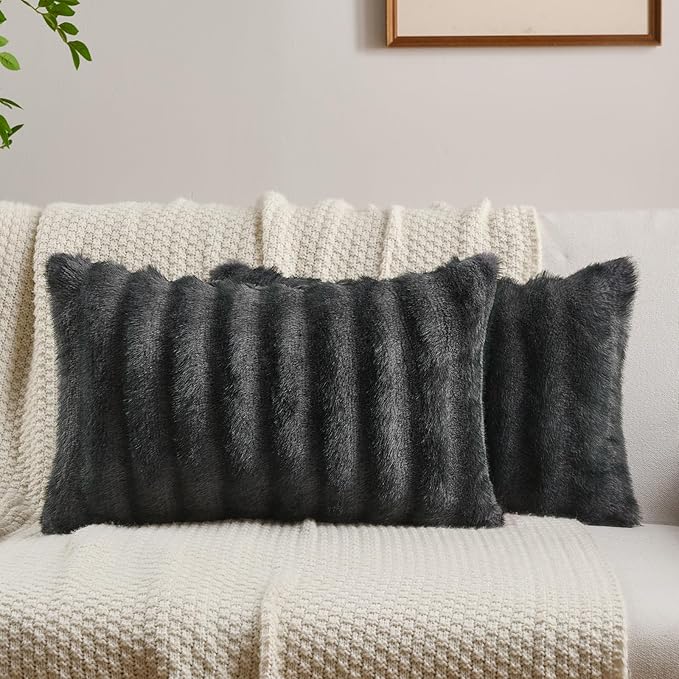 FUTEI Dark Grey Pink Decorative Throw Pillow Covers 12x20 Inch Set of 2,Soft Fluffy Faux Mink Fur Dyeing Striped Textured Lumbar Pillow Case,Modern Home Decor for Couch Bed Living Room