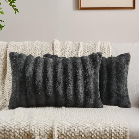FUTEI Dark Grey Pink Decorative Throw Pillow Covers 12x20 Inch Set of 2,Soft Fluffy Faux Mink Fur Dyeing Striped Textured Lumbar Pillow Case,Modern Home Decor for Couch Bed Living Room