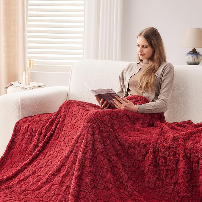 NEWCOSPLAY Super Soft King Blanket Red Premium Silky Flannel Fleece 3D Heart Checkered Lightweight Bed Blanket All Season Use (Red Heart, King(90"x110"))