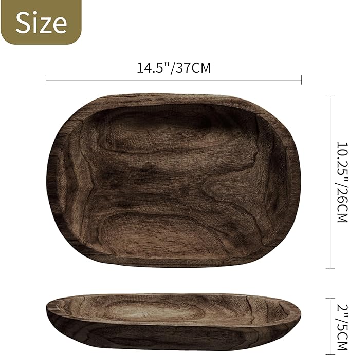 Wooden Dough Bowl Decor, Key Decorative Centerpiece Bowl, Hand Carved Baguette Bowl, Home Decor for Dining Table Center, Living Room, Kitchen (L14.6*W10.2*H0.8 inches) Squircle-Brown