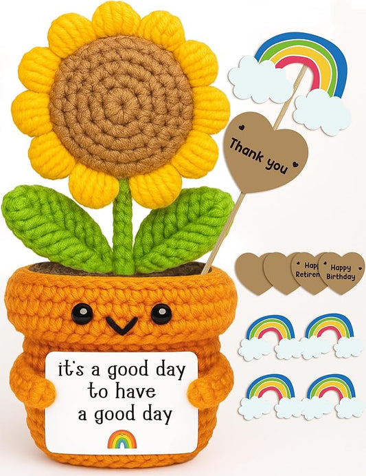 Crochet Sunflower Motivational Gift – It’s a Good Day to Have a Good Day – Handmade Positive Vibes Desk Decor for Teacher, Coworker, Friend, Office or Home Emotional Self Care Support