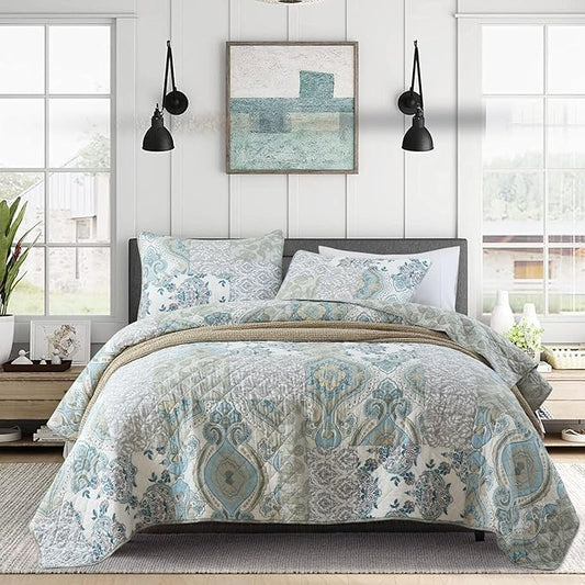 Secgo Queen Size Comforter Set- 100% Cotton Quilt Queen Size Set, Green, Sage bedspreads (90 * 96 Inch) with 2 Pillow Shams, Patchwork Reversible Lightweight Bedding