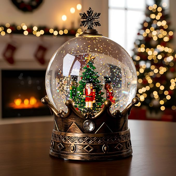Nutcracker Snow Globe, Musical Crown Water Lantern with Swirling Glitter with Swirling Glittering Christmas Home Decoration and Gift, Battery Operated or USB Powered