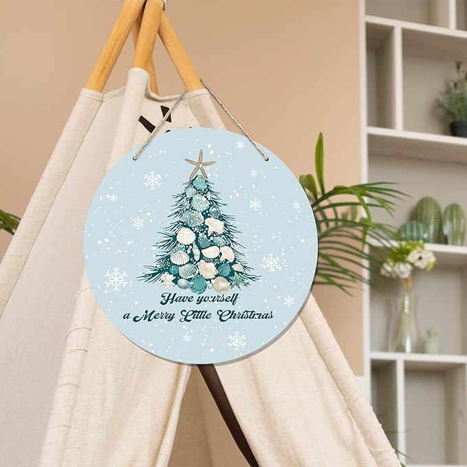 CGBHW Coastal Christmas Tree Wooden Sign, Ocean Coastal Holiday Christmas Xmas Beach Hanging Sign Wall Decor, Have yourself a Merry Little Christmas Tree Shell Beach Home Door Decor 12 x 6 Inch