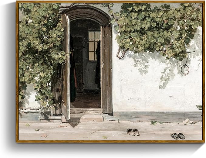 crmotu Vintage Framed Wall Art, Country Landscape Canvas Prints, Grapevine Gate Rustic Farmhouse Decor Painting, Nature Green Scenery Pictures Wall Decor Living Room Bedroom Bathroom Office 20x30in