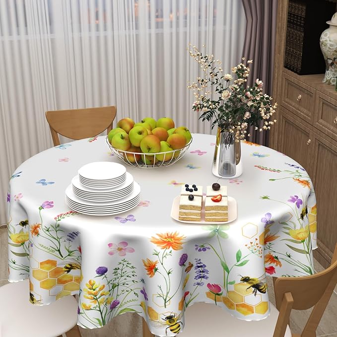 Spring Tablecloth Round 60 Inch Spring Summer Floral Tablecloth Round Cover Spring Farmhouse Wildflower Round Tablecloth Washable Table Cover for Kitchen Dining Indoor Outdoor Table Decorations