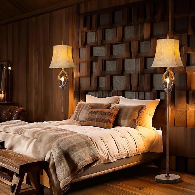 Rustic Farmhouse Antlers Floor Lamp with Night Light Faux Leather Bell Shade Brown Finish Tall Industrial Tall Standing Lamp Decor for Living Room Bedroom Hotel Office (Bulb Included)