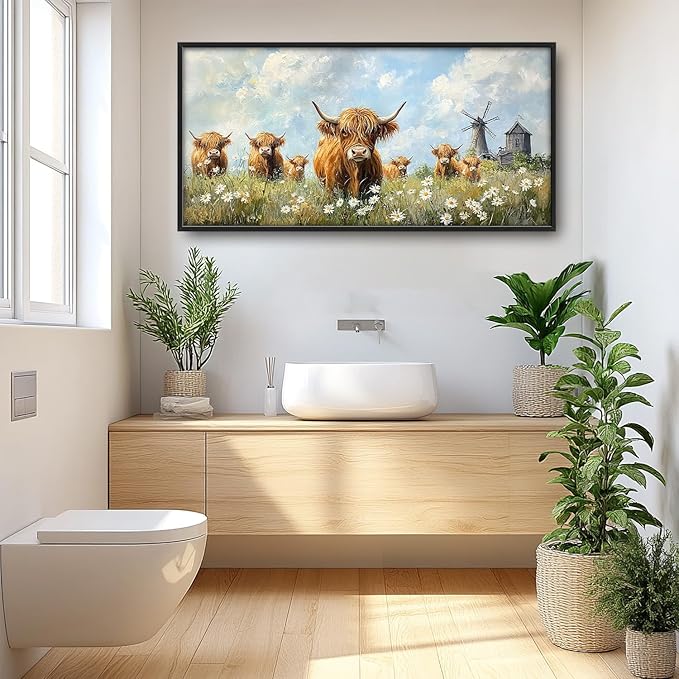 Flintis Large Highland Cow Barn Framed Wall Art Farmhouse Highland Cattle Daisy Pictures Wall Decor Abstract Canvas Painting Print Artworks Framed for Living Room Bathroom Master Bedroom 60L X 30W