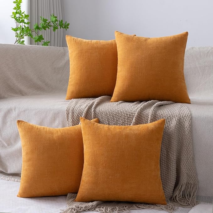 Set of 4 Soft Textured Decorative Throw Pillow Covers 16x16 Inch Cozy Farmhouse Cushion Cover Square Accent Pillow Cases for Bed Couch Sofa Living Room, Orange