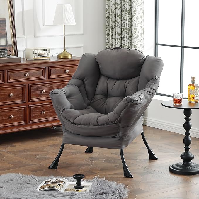Lazy Chair for Living Room, Modern Accent Chairs with Armrests, Comfy Lounge Chair with Side Pocket, Cozy Lazy Sofa for Reading, Balcony, Bedroom, Dorm, Small Spaces (Dark Grey)