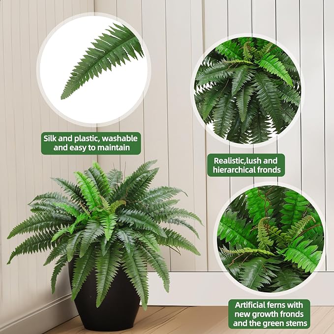 38" Artificial Boston Ferns Bush Plants, Set of 2, Large Faux Ferns Hanging Decor with 47 Fronds, Fake Vines Indoor Or Outdoors Planter for Home and Office Decor