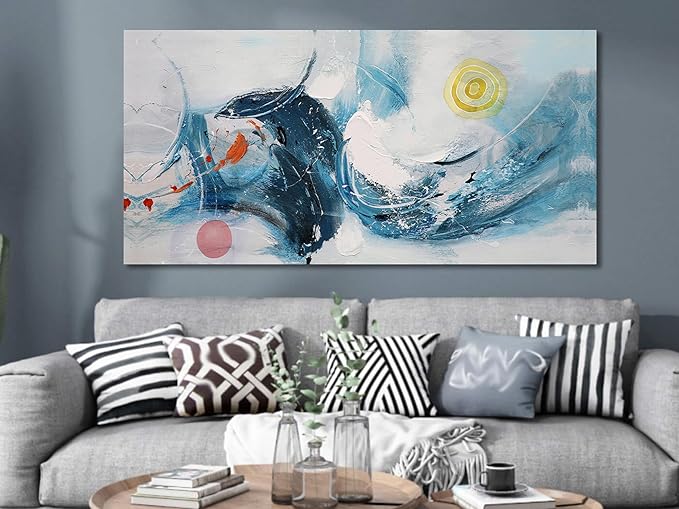 Ardemy Abstract Wall Art Canvas Modern Textured Teal White for Living Room Painting, Wall Art for Living Room Picture Bedroom Large Artwork Framed Home Office Kitchen Bathroom Wall Decor, 40"x20"