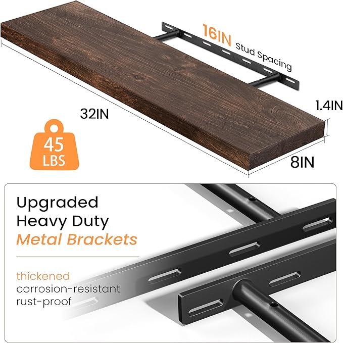 Fun Memories Floating Shelves for Wall, Rustic Solid Elm Wood Floating Shelf Wall Mounted, Wall Shelves with Invisible Bracket for Living Room Kitchen, 32 Inch Set of 2, Wanlut