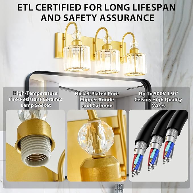 Bathroom Vanity Light Fixtures Over Mirror - Makeup Lighting Pure Gold - for Modern Wall, Bath, Desk, Farmhouse, Hallway 3 Crystal Lights