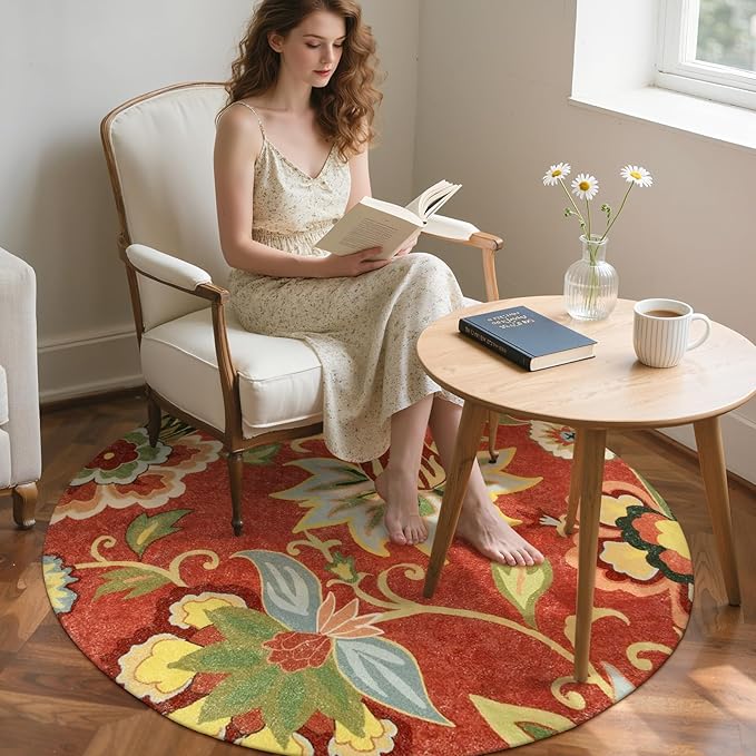 Lahome Red Floral Round Rug - 3 ft Washable Round Area Rugs Small Non Slip Entryway Rug, Throw Circle Rug Vintage Distressed Door Mat Soft Floor Carpet for Bedroom Living Room Kitchen Office