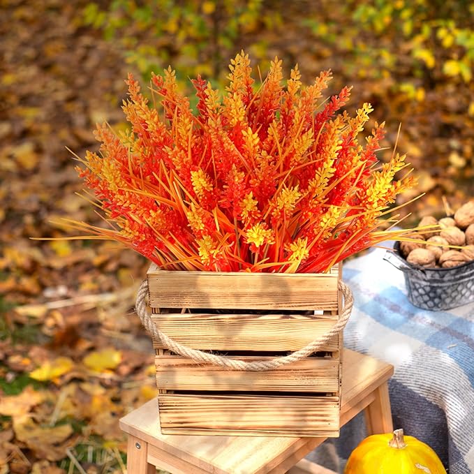 N&T NIETING 6 Bundles Artificial Fall Plants Outdoor Fake Monkey Grass with Lavenders Flowers for Pot Garden Verandah Decor for Thanksgiving Autumn Weddings Patio Hanging Planter Front Porch (Orange)