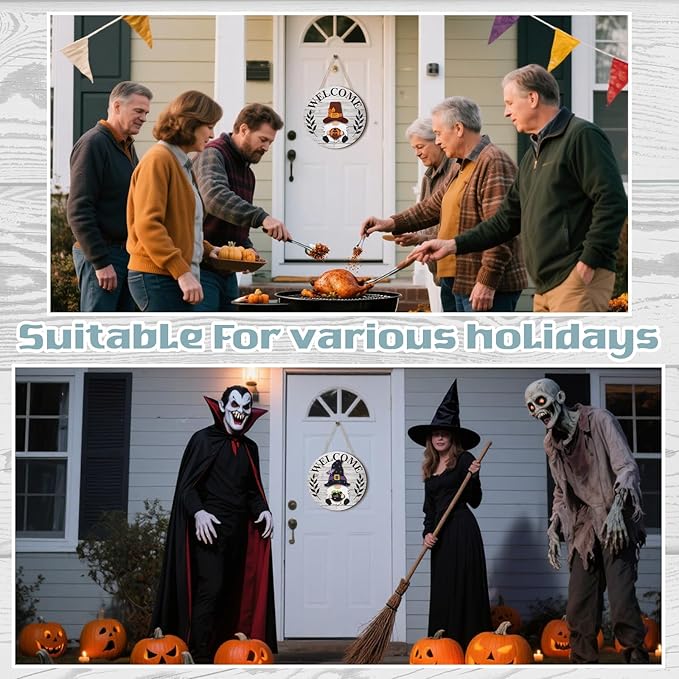 Qunclay Interchangeable Wooden Gnome Decor Holiday Seasonal Gnome Decorations with Magnet Pieces and Detachable Hats Changeable Welcome Sign for Home (Grey and White)