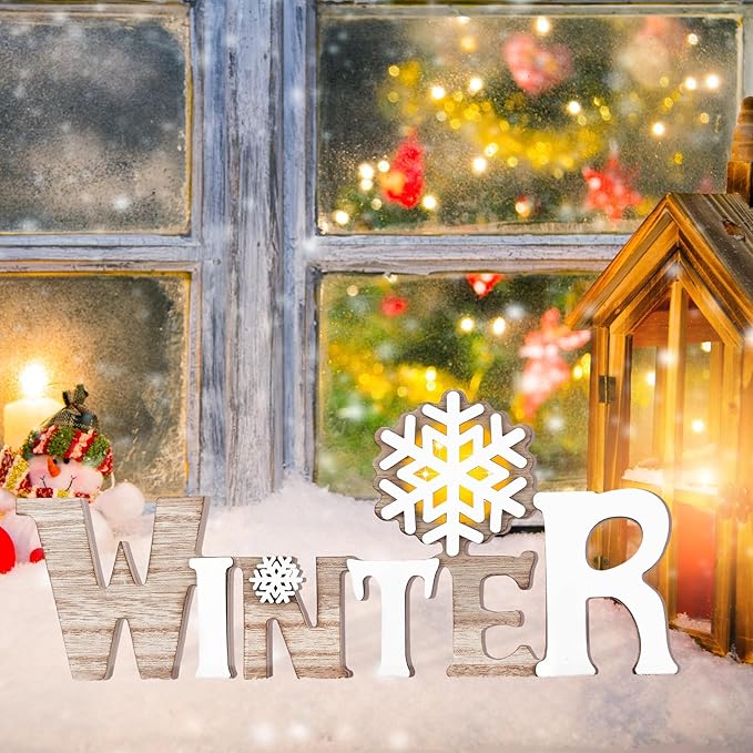 Geetery Winter LED Wooden Sign Rustic Wooden Words Sign Tabletop Centerpiece Decor Winter Snowflake Decorations for Table Home Indoor Party