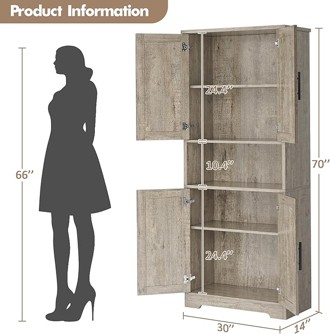 GarveeHome 70 Inch Tall Kitchen Pantry Cabinet, Freestanding Storage Cabinet with 4 Doors and Adjustable Shelves, Utility Hutch Cupboard for Dining Room, Bathroom, Living Room (Style B, Gray)