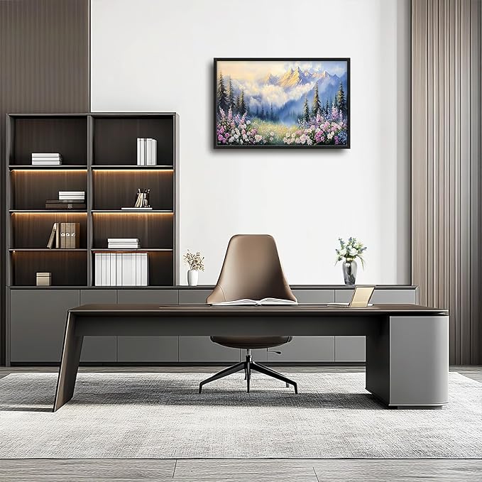 Framed Large Wall Art for Living Room, Forest Mountain Canvas Wall Decor, Flowers Tree Pictures Painting, Modern Landscape Artwork for Bedroom Office 36L'' × 24W''