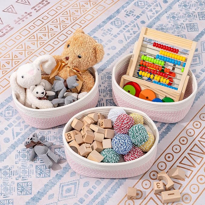 CubesLand Rectangle Organization/Storage Basket, Natural Cotton Rope Woven Baskets for Organizing, Small Basket for Kids, Baby Nursery, Cat Dog Toy Baskets, Organizer Bins for Shelves 3 Packs