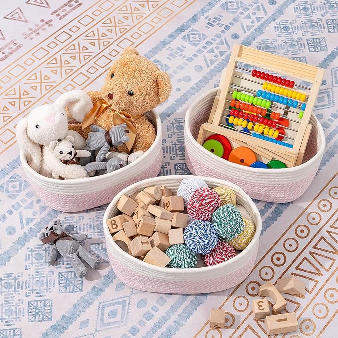 CubesLand Cotton Rope Baskets for Shelves Storage,Cube Shelf Closet Storage Bins Set 2,Long-lasting &Skin-friendly Toy Basket Bin,Stylish Room Decor Basket,Woven Off White/Mixed Pink