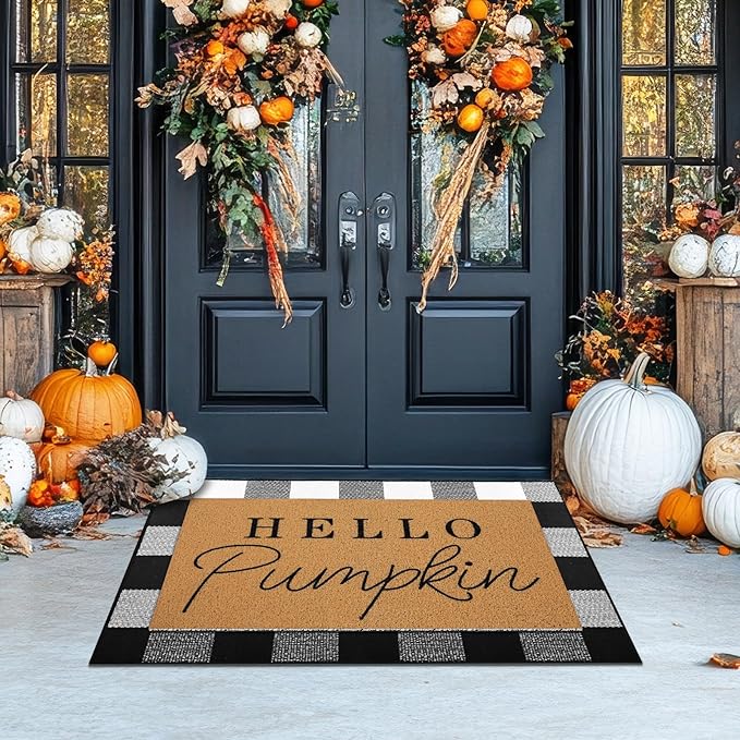 2 Pcs Fall Door Mat Hello Pumpkin Welcome Non Slip Coir Mats Thanksgiving Black White Plaid Harvest Floor Layering Doormats Seasonal for Front Porch Entryway Decor(Black White Plaid)
