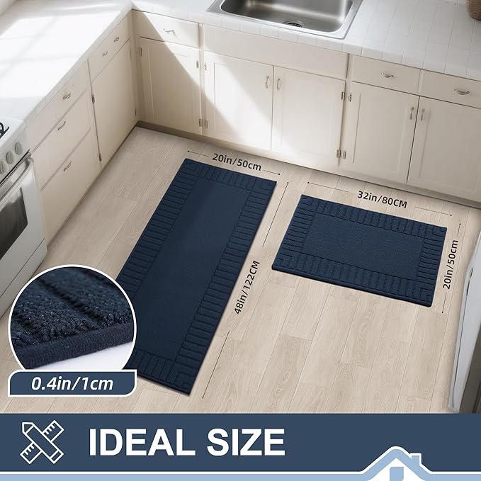 BEQHAUSE Kitchen-Rugs-Washable-Kitchen-Mats-for-Floor Non-Slip Kitchen Mats Set of 2 Absorbent Kitchen Runner Navy Blue with TPR Backing 20x30inch/20x48inch