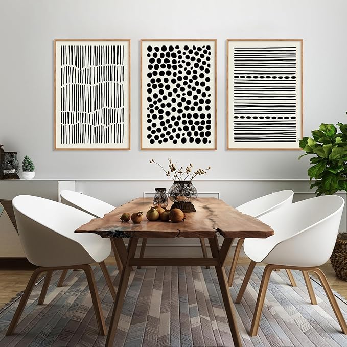 KAIRNE 3Pcs Black and White Boho Framed Canvas Wall Art Set, Minimalist Geometric Line Wall Decor, Abstract Black Wall Painting, Modern Neutral Art Print for Living Room, Bedroom, Kitchen 16x24inch