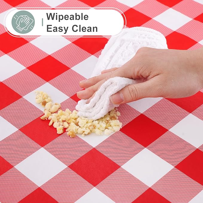 misaya Round Waterproof Vinyl Table Cloth, Buffalo Flannel Backed Tablecloth, Wipeable Plastic Table Cover for Dinner, Kitchen, Picnic (60", Red and White)