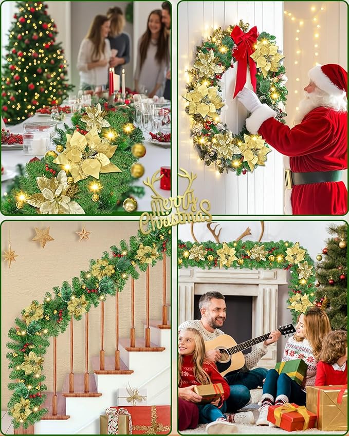 Christmas Garland, 9ft Pre-lit Christmas Decorations Garland with Lights for Front Door, Artificial Green Rattan, for Xmas Tree, Mantel Stairs Home Indoor Outdoor Christmas Decor Wreath (Gold)