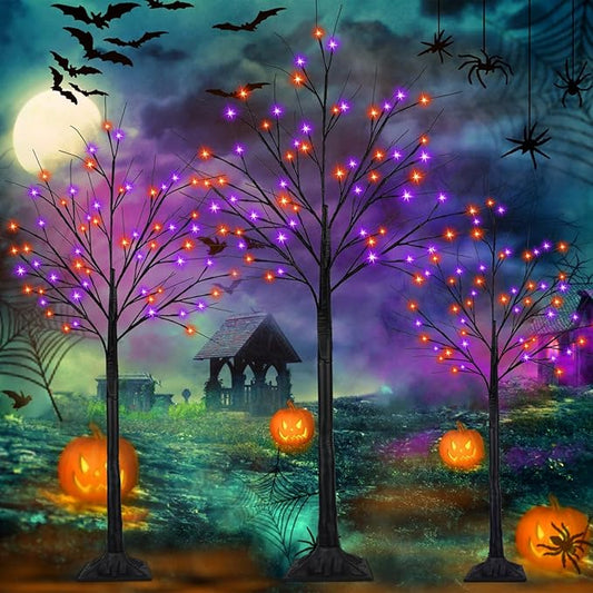3-Pack 4FT 5FT 6FT Lighted Black Halloween Tree with Orange and Purple Lights (Higher Size and Floor Standing), Halloween Decorations Spooky Tree with Timer for Indoor Outdoor, Home Holiday Party