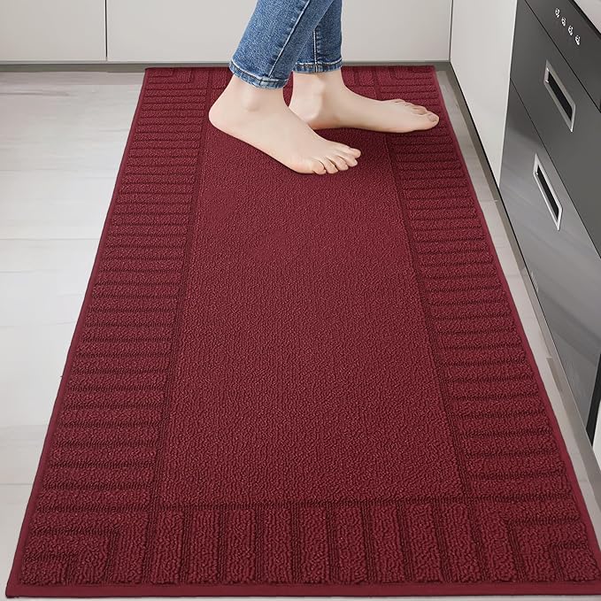 BEQHAUSE-Kitchen-Rugs-and-Mats Non Skid Washable Kitchen Mats for Floor Red Kitchen Rug Polypropylene Kitchen Mat with TPR Backing 24”x60”