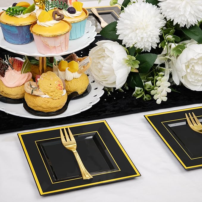 WDF 200PCS Black and Gold Plastic Dessert Plates with Plastic Forks -6’’ 100 Square Disposable Appetizer Plates Small Plate Cake Plate with Gold Rim for Halloween